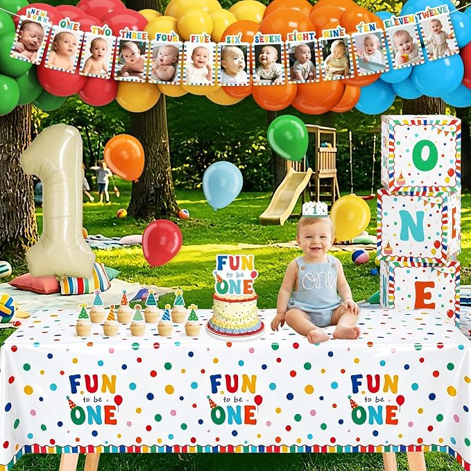 Fun to be One Birthday Decorations Balloon Kit, 127Pcs Its Fun to be One Birthday Tablecloth, Backdrop, 1st Birthday Month Banner, High Chair Banner, ONE Box, Balloon Arch, Crown, Cake Toppers