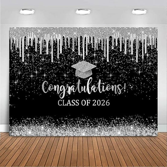 Mocsicka 7x5ft Class of 2025 Graduation Backdrop Black and Sliver Glitter 2026 Graduation Decorations 2026 Congrats Grad Banner School 2026 Graduate Background Photo Booth Props