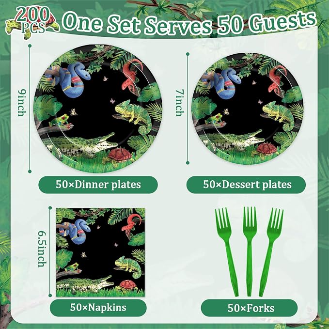 50 Guests Reptile Snake Party Plates and Napkins Party Supplies Jungle Swamp Snake Turtle Birthday Party Decorations Disposable Tableware Set Lizard Baby Shower Dinnerware Favor for Kids, 200PCS