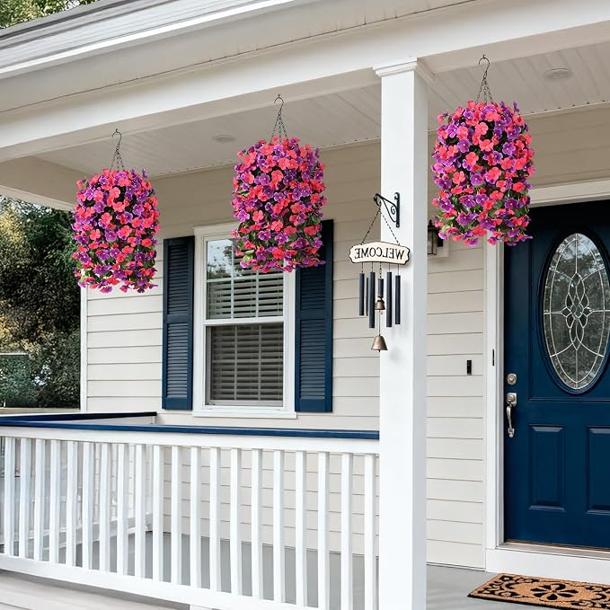 INQCMY Artificial Hanging Flowers Basket for Outdoor Summer Decoration,4pcs Faux Silk Begonia in Planter Look Real UV Resistant for Outside Home Porch Patio Balcony Yard Decor(Orchid Rose Red)