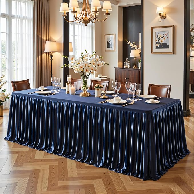 Wish Care 8 Pack Satin Table Cover Skirts for 6ft Rectangular Tables, Navy Blue Shimmer Silk Tablecloth with Floor Length Ruffle for Wedding Banquet Party Buffet Decoration