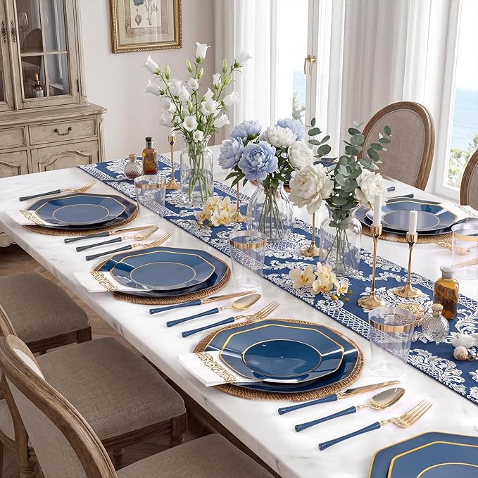 KIRE 140Pcs Blue Plastic Plates with Gold Rim - Gold Disposable Plastic Silverware with Blue Handle&Clear Cups&Hand Napkin - Geometric Party Plates for Passover/Party/Graduation