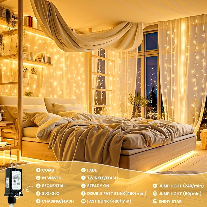 Connectable 1Pack String Lights Indoor, 33FT 100LED String Lights, 13Modes Twinkle Fairy Lights Plug in Outdoor Waterproof, Warm White Clear Wire Light for Christmas Tree, Wedding Yard, Party Decor