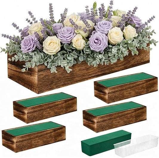 Dandat 5 Set Wood Boxes for Centerpieces 12x4 Inch Rectangle Wooden Planter Box Rustic Wood Planter with Removable Plastic Liner Floral Foam Blocks for Centerpieces Home Wedding Garden Decor