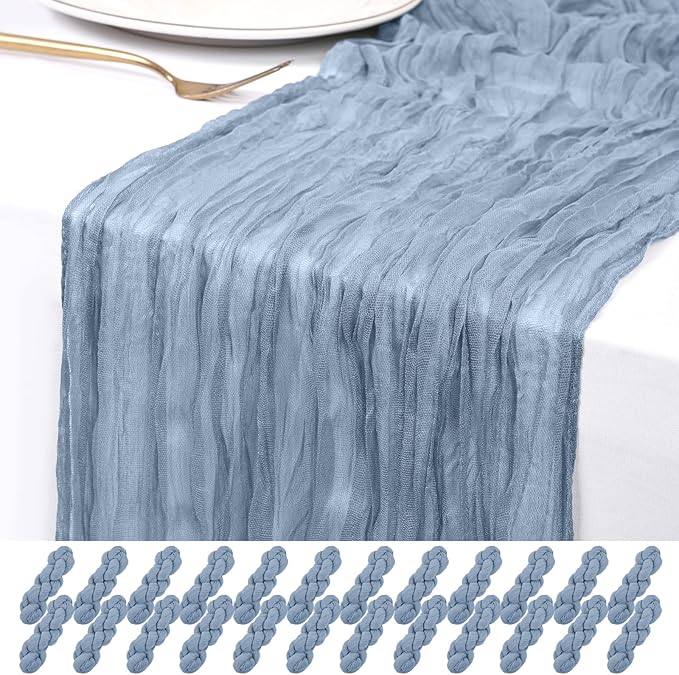 24 Pack Dusty Blue Cheesecloth Table Runner 120 inch Fall Thanksgiving Boho Rustic Gauze Farmhouse 10FT Cheese Cloth Runner for Baby Shower Wedding Party Holiday Home Decor