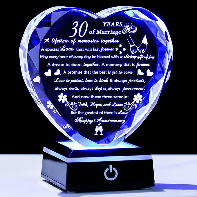 30th Wedding Anniversary Crystal Gifts for Couples Parents Romantic 30th Anniversary Heart Gifts for Her Him with Colorful LED Base 30 Years of Marriage Gift for Wife Husband