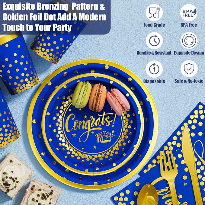 Ecomore 2026 Graduation Party Decoration - 350 PCS Blue Gold Grad Supplies Disposable Dinnerware (Severs 50) w/ Congrats Paper Plates Napkin Cup Plastic Cutlery for College High School Class of 2026