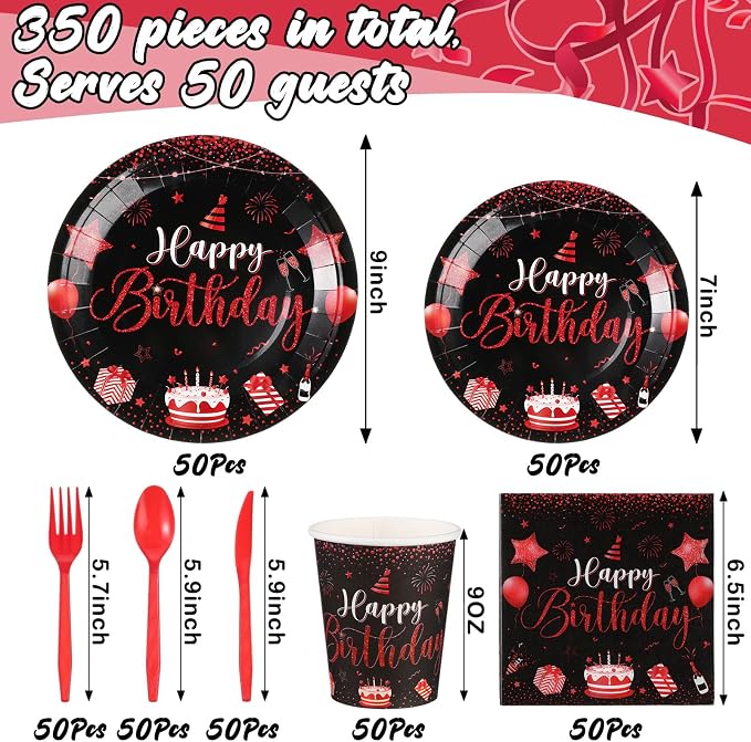 Vesici 350 Pcs Happy Birthday Party Supplies Disposable Party Tableware Set Serves 50 Included Plates Napkins Cups Cutlery for Men Woman 50th 80th Birthday Party Decorations (Black Red)