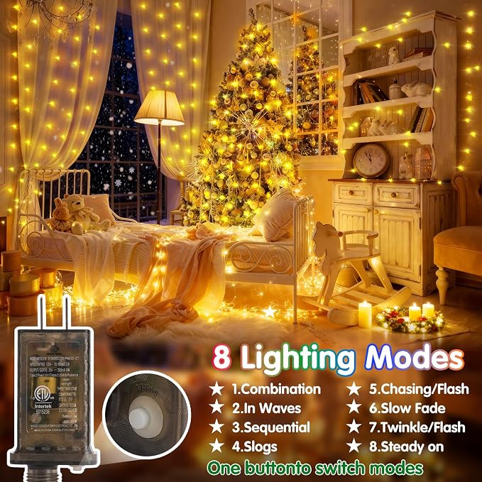 KNONEW 203FT Outdoor Christmas Fairy Lights Plug in,600 LED String Lights Outdoor Waterproof 8 Modes Memory Times for Wedding Bedroom Walls Garden Trees Decoration(Warm White)
