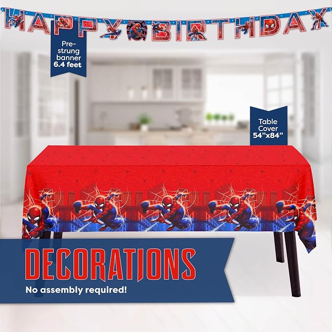 Spiderman Birthday Decorations | Spiderman Party Supplies | Serves 16 Guests | Marvel Superhero Spidey and His Amazing Friends | Table Cover, Spider Man Banner, Plates, Napkins, Masks and Button |