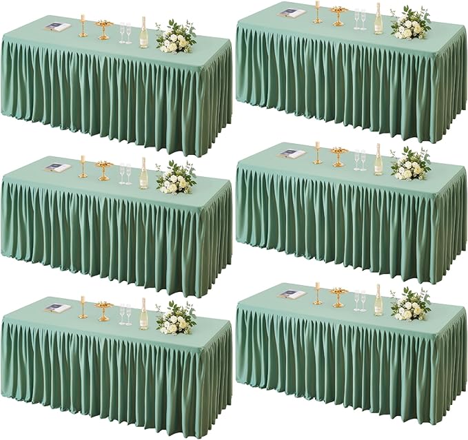 PARTISKY 6 Pack Sage Green Tablecloths for Rectangle Tables 6ft, Wrinkle Resistant Spandex Table Cover Fitted Stretch Table Cloth with Pleated Ruffle Skirts for Party Banquet Dining Birthday Wedding