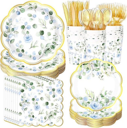 400 Pcs Sage Green Color Party Supplies Serve 50 Guests Eucalyptus Flowers Disposable Paper Plates Napkins and Cups for Bridal Baby Shower Birthday Wedding Party Decorations(Blue,Chic)