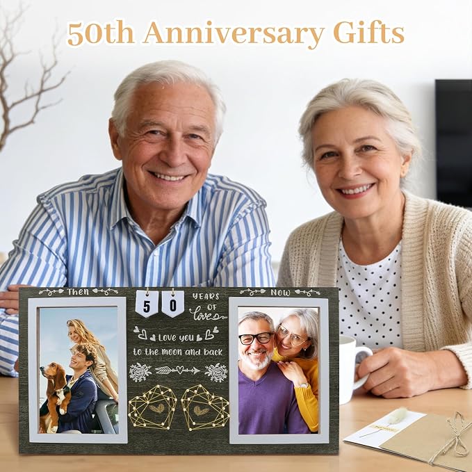 Then & Now Anniversary Picture Frame – Anniversary Wedding Gift for Couple & Parents, 1–99 Years Double 4x6 Picture Frame with Number Cards & Greeting Card (Dark Green)