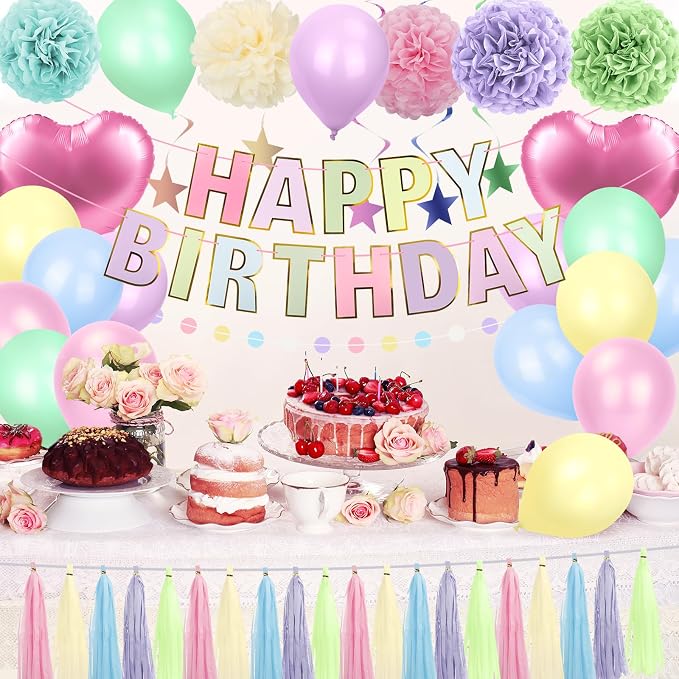 Pastel Rainbow Party Decorations 50Pcs Pastel Birthday Decorations for Girl | with Happy Birthday Banner Balloons Paper Pom Poms Lantern Hanging Swirls Garland Ribbon Macaron Theme Party Supplies