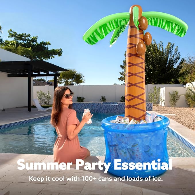 JOYIN 60" Inflatable Palm Tree Cooler, Beach Theme Decor, Pool Party Decorations, Luau Hawaiian Birthday Party Supplies, Summer Outdoor Drink Cooler (Blue)