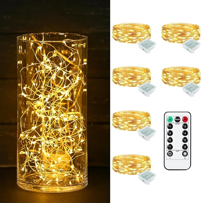 6 Pack Fairy Lights Battery Operated with Remote Timer 8 Lighting Modes,7ft 20 LED Waterproof Mini String Lights for Halloween Christmas Table Centerpieces Bedroom Decorations,Warm White