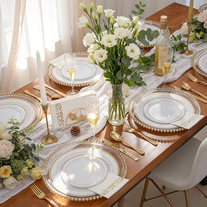 WDF300 Pieces Gold Plastic Silverware - Heavy Duty Disposable Cutlery Set Plastic Gold Silverware Set Includes 100 Forks, 100 Spoons, 100 Knives for Party Baby Shower Wedding Spring