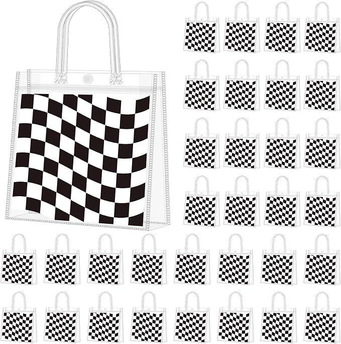 Supervitae 36 Pcs Checkered Racing Clear Favor Bags with Handle Reusable Plastic PVC Gift Bag Race Car Goodies Treats Wrap Totes for Birthday Wedding Graduation Party Supplies, 8 x 8 x 3.15 Inch