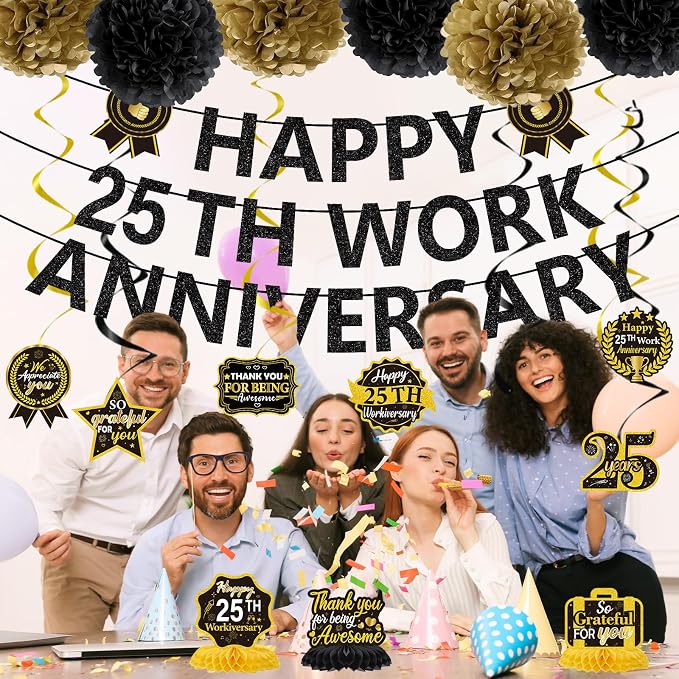 25th Work Anniversary Party Decorations - 17PCS Black Gold 25th Work Anniversary Banner Hanging Swirls Honeycomb Centerpieces Pompoms Decor, Workiversary Office Appreciation Supplies