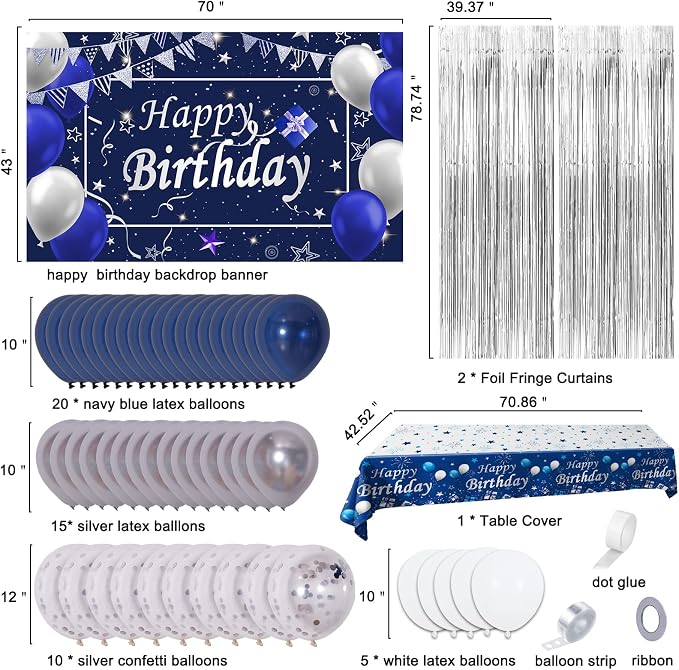 Blue and Silver Birthday Decorations for Men Women, Blue Party Decorations for Men Boys Girls Happy Birthday Backdrop Tablecloth Balloons Arch Kit White Silver Confetti Balloons Foil Fringe Curtains
