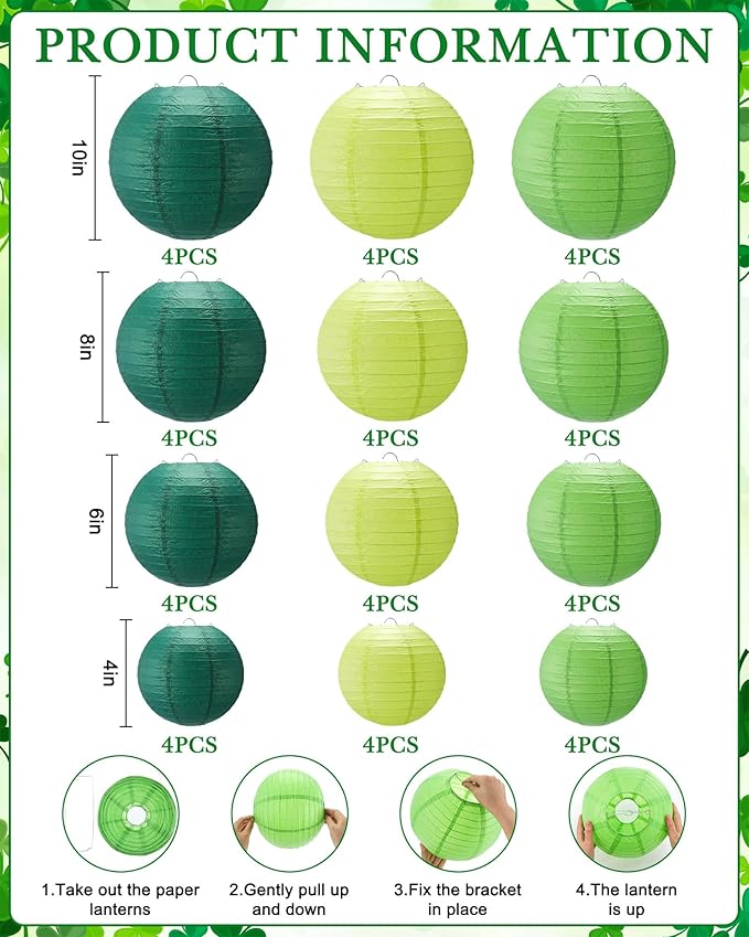 Treela 48 Pcs Paper Lanterns Party Decorations Chinese Round Paper Decor 4/6/8/10 Inch Asian Hanging Lamps Decorative for Graduate Wedding Birthday Party Bridal Parties Supplies(Green Series)