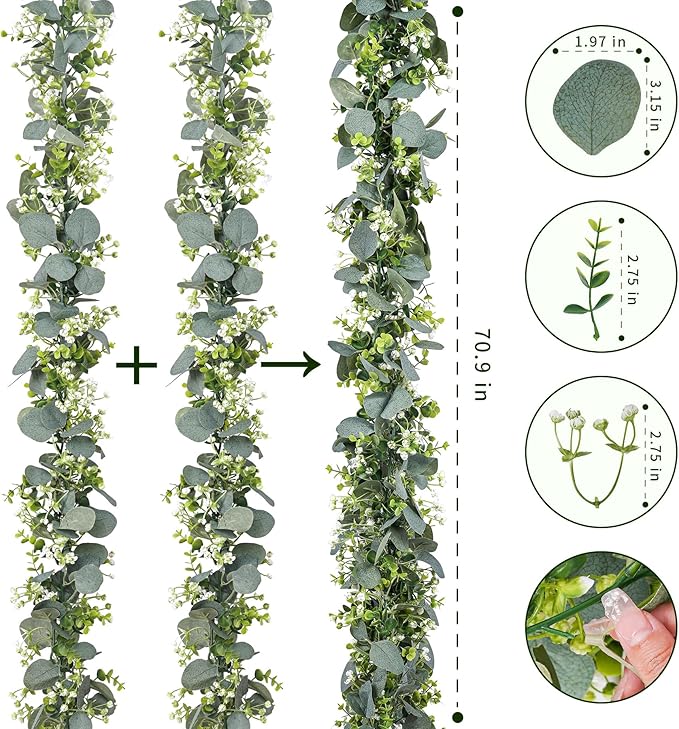 4 Pack Artificial Eucalyptus Garland with White Flowers,5.9FT Greenery Garland Fake Vines Hanging Green Garlands for Table Centerpieces Outdoor Festival Wedding Backdrop Arch Wall Decor