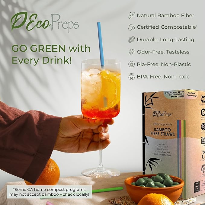 EcoPreps Colorful Biodegradable Bamboo Fiber Straws | 300 Count, 100% Compostable, Plastic-Free, Eco-Friendly Drinking Straws for Parties | 7.8'' Plant Fiber Disposable Straw, Multi-Color Straw Set
