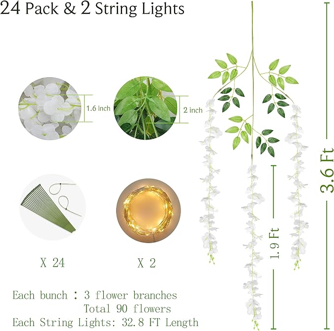 BLEUM CADE 24Pcs White Fake Wisteria Hanging Flowers with Lights, 3.6Ft/Pcs Artificial Wisteria Garland, Hanging Flowers for Wedding Party Home Backdrop Wall Decoration