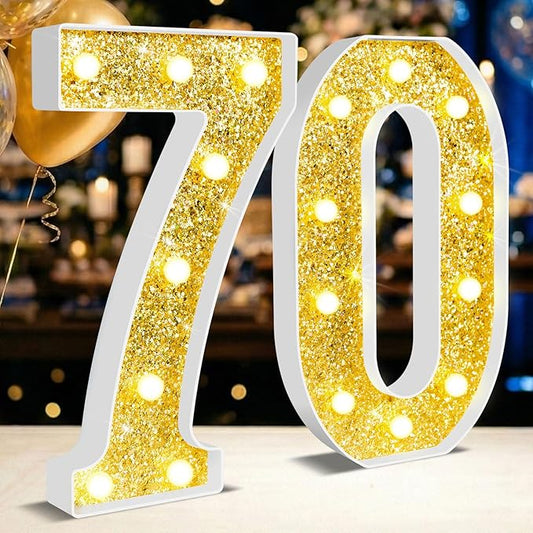 12.6 Inch LED Gold Marquee Light Up Numbers, 70th Birthday Decorations Number Lights as Gifts for Women Men, Glitter Lighted Marquee Numbers for Golden Anniversary Party Table Decor, 70