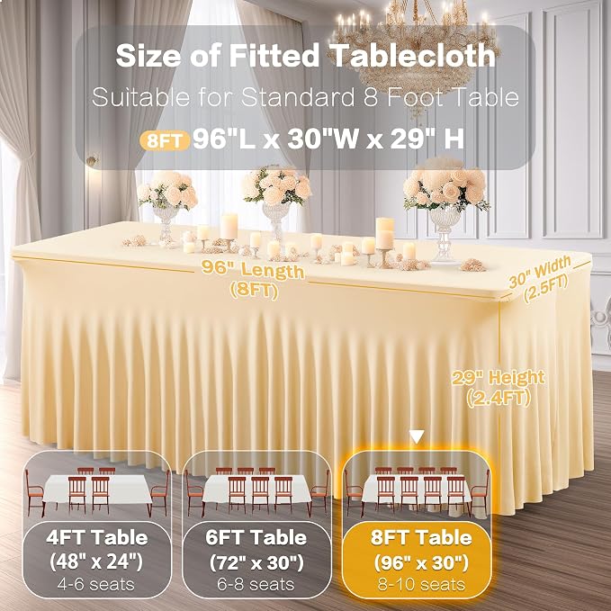 Shillance 2 Packs Champagne Spandex Table Clothes for 8 Foot Rectangle Table, Spandex Table Covers 8FT Stretch Table Skirts Wrinkle Free Fitted Tablecloth for Event, Wedding, Banquet & Parties
