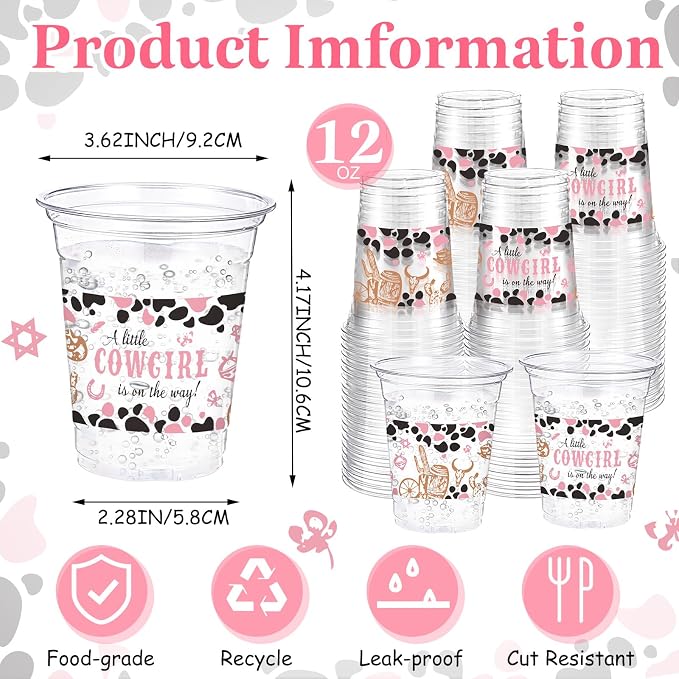 Funnymoom 60 Pack Cowgirl Baby Shower Plastic Cups 12 oz a Little Cowgirl Is on the Way Western Disposable Clear Plastic Drinking Cups for Wild West Rodeo Baby Shower Decoration Supplies