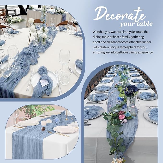 6 Pack Cheesecloth Table Runner Dusty Blue 10Ft Rustic Boho Gauze Table Runner Romantic Long Sheer Fabric Cheesecloth Table Runner for Wedding Festival Birthday Anniversary Dinner Outdoor Events