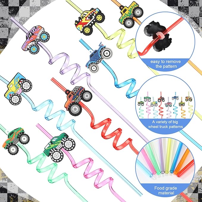 Yungyan 16 Sets Monster Truck Party Favors Goodie Cups with Lids and Straws for Birthday Decorations Reusable 16oz Plastic Candy Cups Plastic Straws for Birthday Party