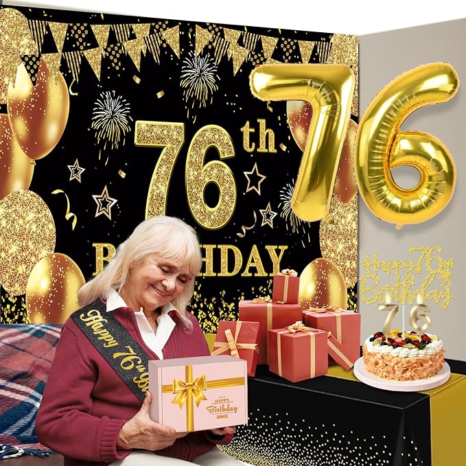 76th Birthday Decorations Men Women with 76th Birthday Banner, Black and Gold Table Cloth, Number Balloons, Sash, Cake Topper and Candles