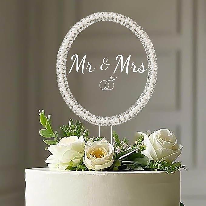 Coucoland Mr and Mrs Cake Topper - Oval Wedding Cake Decor with Rhinestones and Pearls for Engagement Bridal Anniversary
