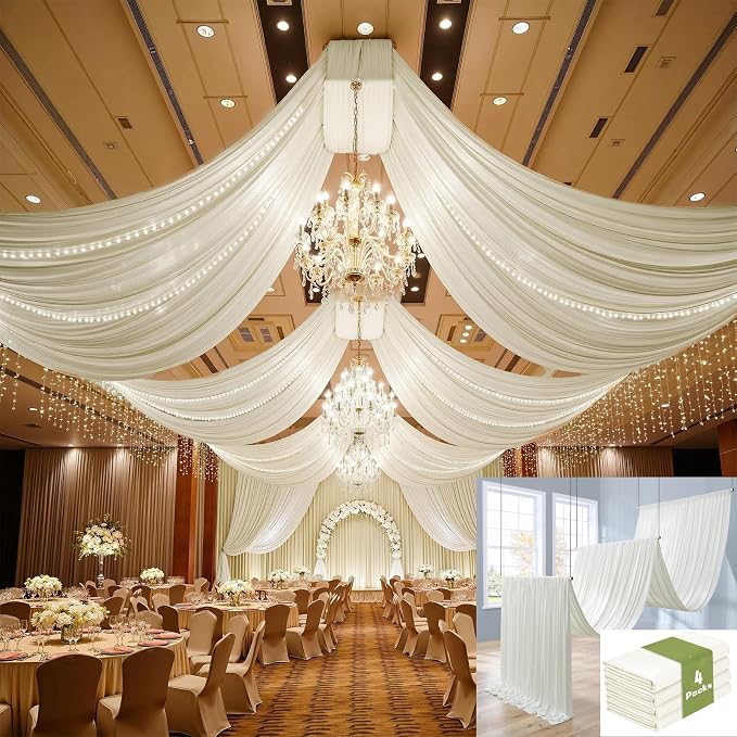 4 Panels 5x20ft Ivory Ceiling Drapes for Wedding Parties, Wrinkle Free Thick Polyester 20ft Extra Long Wedding Draping Ivory Ceiling Curtains Arch Drapery for Birthday Party Canopy Tent Decor
