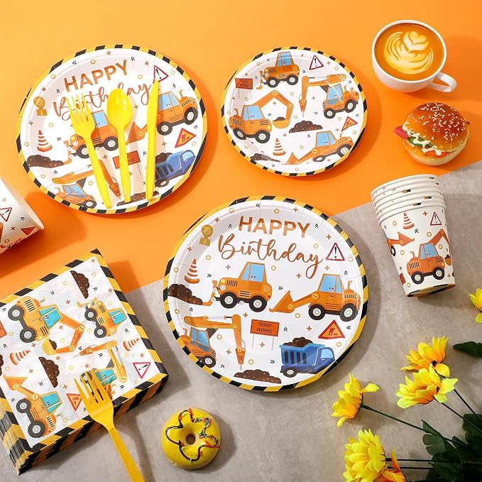 Uiifan 350 Pcs Construction Party Supplies Set Include 100 Plates 50 Paper Cups 50 Napkins 150 Plastic Silverware For 50 Guests Birthday Party Decorations Disposable Dinnerware Set (Dark Yellow)