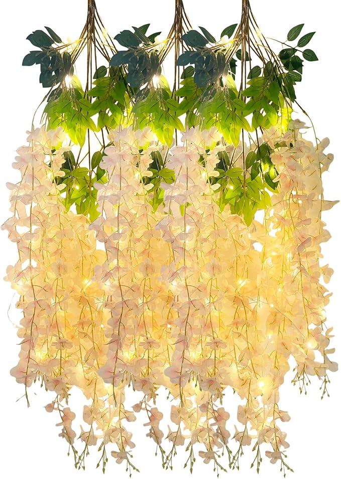 12 Pack Champagne Wisteria Hanging Flowers Garland with Lights, 3.44 Feet Artificial Flower Vines, Fake Wisteria, Artificial Vines Hanging Garland for Backdrop Outdoor Patio Garden Decor
