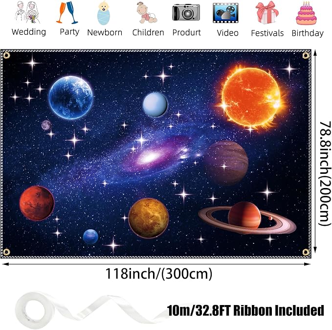 10x6.5FT Space Backdrop for Galaxy Theme Party – Extra Large Starry Universe Backdrop with Brass Grommets, Double Stitched Edges & Ribbon for Photo Booth, Wall Decor & Kids Birthday Photography