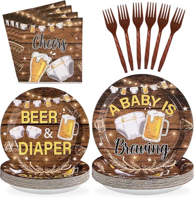 96Pcs Beer and Diaper Party Decorations A Baby is Brewing Baby Shower Plates and Napkins Tableware Set Beer And Bottle Diaper Decorations for Cheers Beers Brew Birthday Party Supplies Serves 24