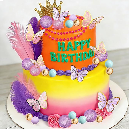 57Pcs Fancy Butterfly Cake Topper Princess Birthday Decorations Feather Butterfly Cake Decorations Balls Cake Topper Princess Tea Party Supplies