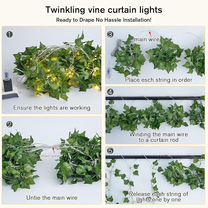 JMEXSUSS Vine Lights for Bedroom, 200 LED Vines Fairy Lights, Artificial Ivy Leaf Light for Wall Curtain Wedding Party Christmas Indoor Decor, 6.5ft x 6.5ft with Remote