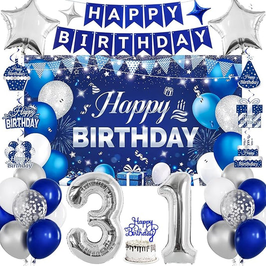 31st Birthday Decorations for Men & Women, Navy Blue and Silver Happy 31st Birthday Party Decorations with Number Balloons, Hanging Swirls, Cake Topper for 31 Years Old Party Supplies