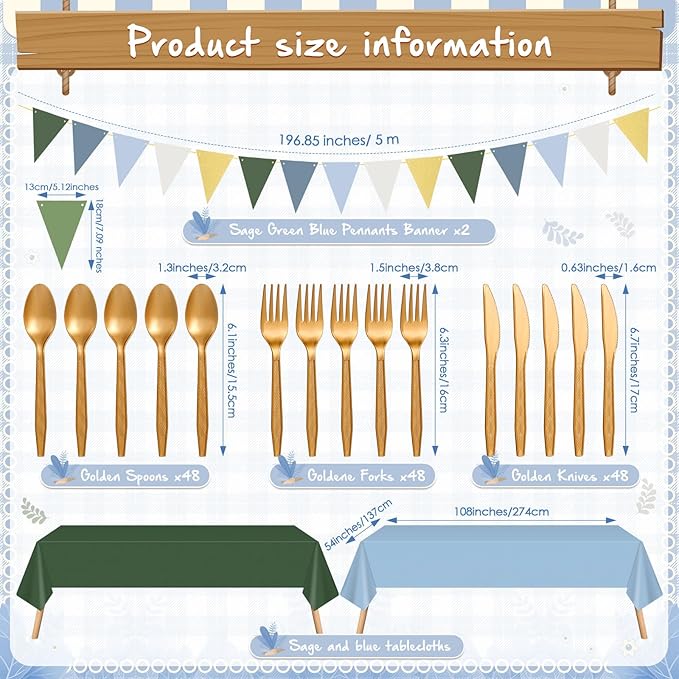 Mimorou 342 Pcs Dusty Blue Green Party Supplies for 48 Guests, Forest Green and Dusty Blue Scalloped Paper Plates Napkins Cups Gold Cutlery Tablecloth Banner Set for Birthday Baby Shower Wedding
