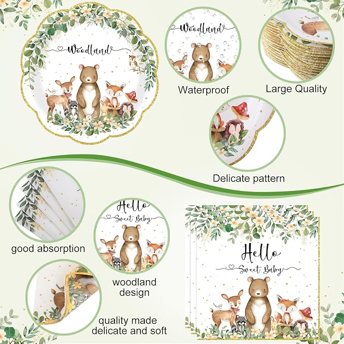 Funnymoom 452 Pcs Woodland Baby Shower Decorations for 50 Guests, Forest Animals Woodland Paper Plates Napkins Cups Tablecloth Cutlery Straws for Neutral Forest Animal Baby Shower Party Supplies