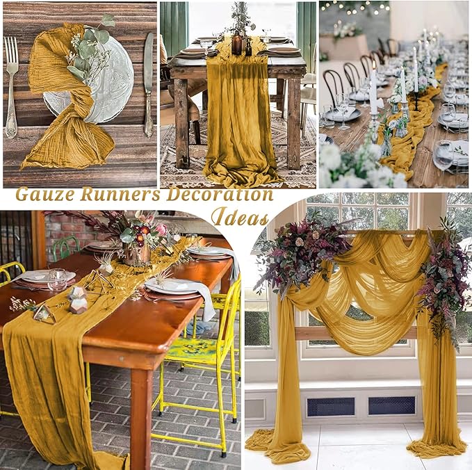 10 Pcs Mustard Cheesecloth Table Runner 10FT, Gauze Table Runner for Wedding Reception Sheer Bridal Shower Birthday Party Boho Table Decoration, Rustic Romantic Wedding Runner