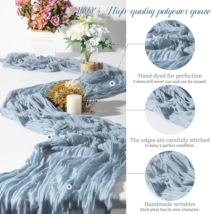 24 Packs Dusty Blue Cheesecloth Table Runner, 10 Ft Rustic Gauze Boho Wedding Table Runner Decoration, Wedding Table Decor Table Cloth for Wedding Party Bridal Shower Table,21.5x120in