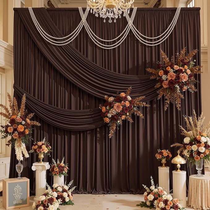 10x16ft Brown Backdrop Curtains for Wedding Party, 2 Panels 16 ft Long Back Drop Cloth, Wrinkle-Free Polyester Drapes for Birthday, Baby Shower, Stage Photography Background