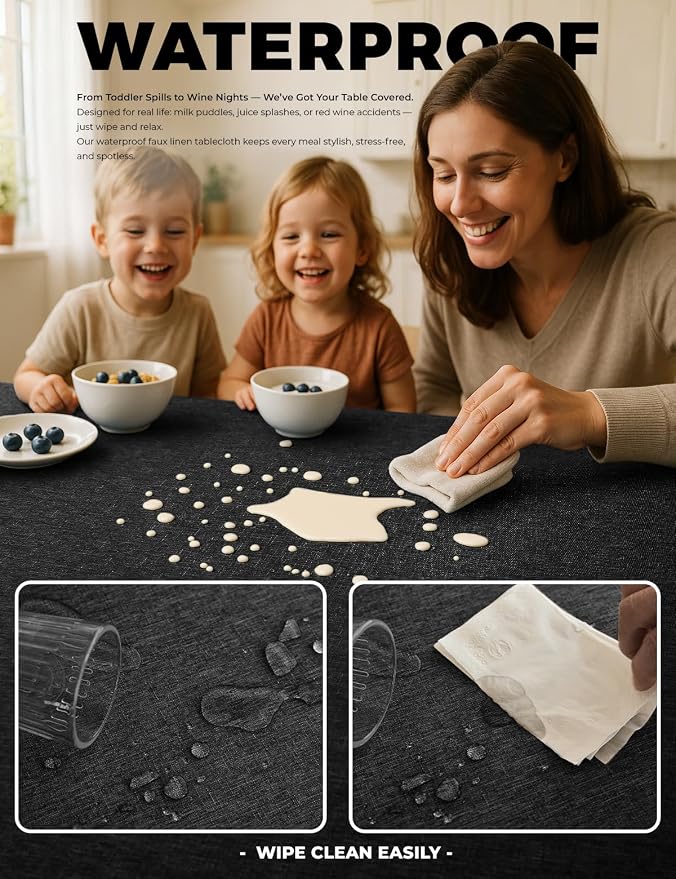 Decorelia Faux Linen Farmhouse Table Cloth 60"x104" for 6 ft Rectangle Table, Black Waterproof Outdoor Washable Cloth Tablecloth for Rectangular Dining Room Kitchen Outdoor Party Restaurant Decor