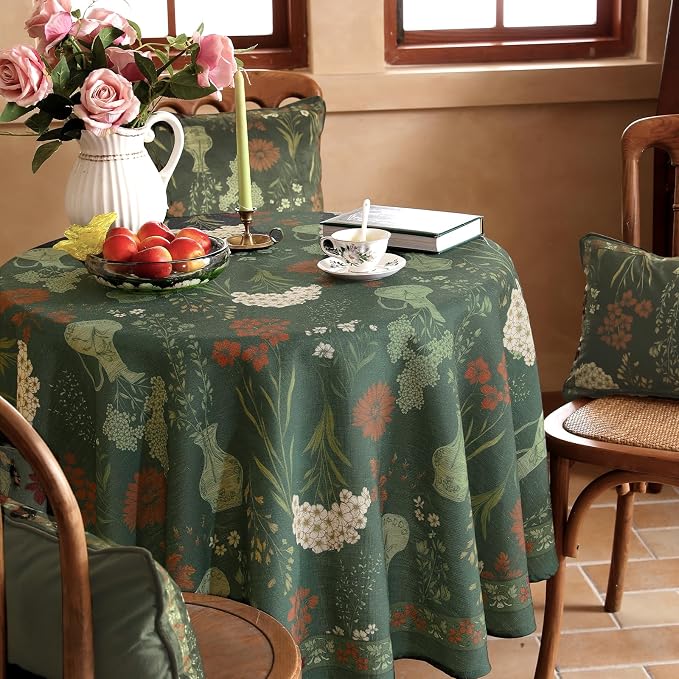 ISAENNE Designer Linen Green Round Tablecloth,Diameter 55"-Nocturne | Vintage Elegant Table Cloth for Round Table,Floral Pattern,Decoration,Heavyweight,Dining,Kitchen,Tea Party,Thanksgiving